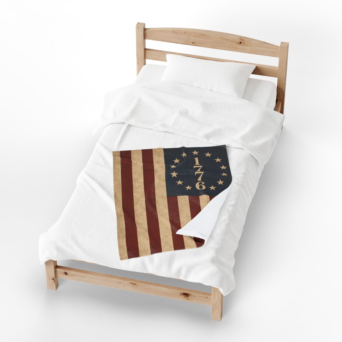 1776 American Flag Velveteen Plush Blanket Vintage Betsy Ross Patriotic Throw - worn view