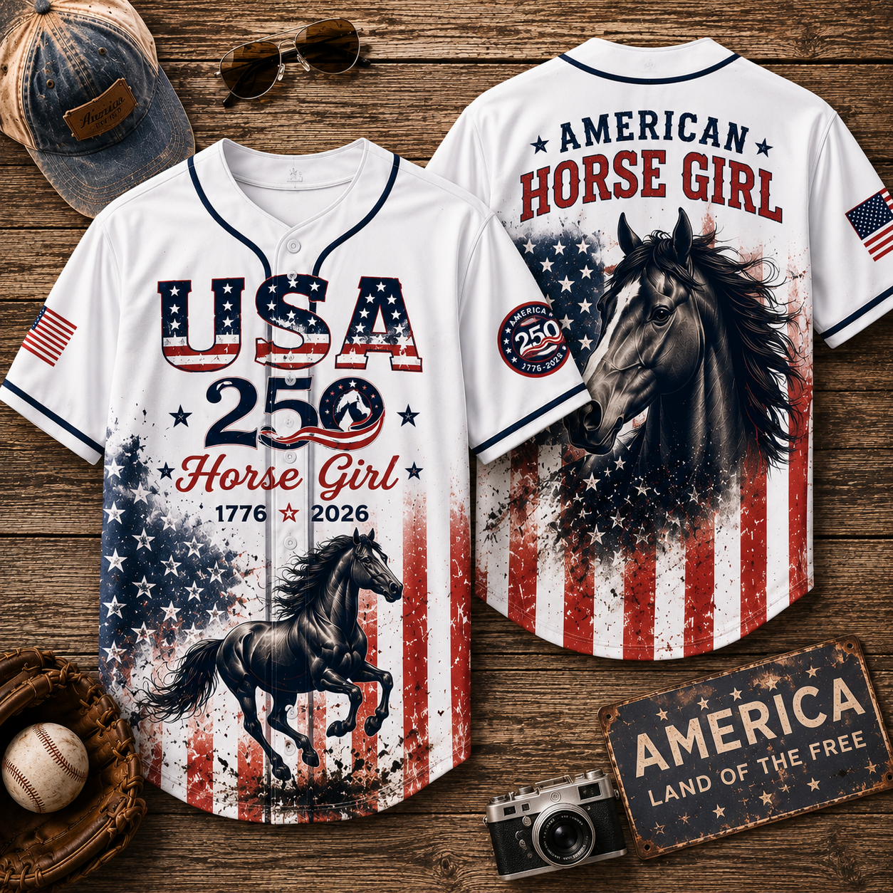 USA 250th Anniversary Horse Girl Baseball Jersey | Just A Girl Who Loves Horses Patriotic Jersey | American Flag Horse Lover Gift 2026