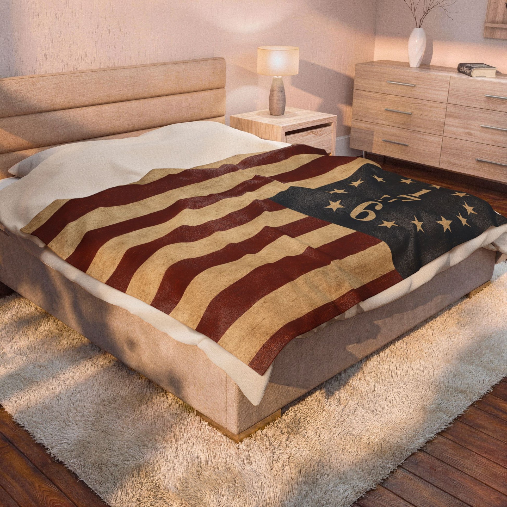 1776 American Flag Velveteen Plush Blanket Vintage Betsy Ross Patriotic Throw - size reference