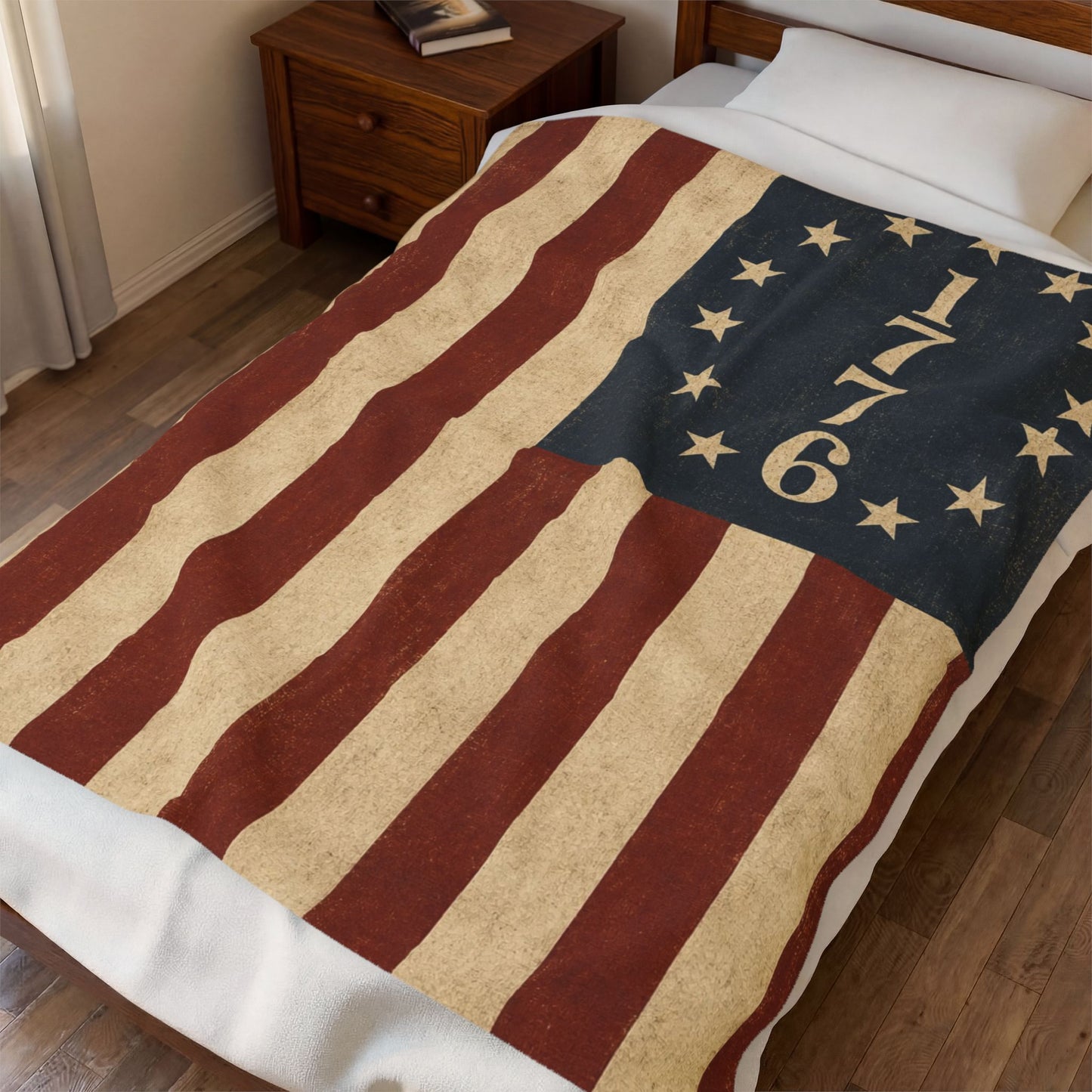 1776 American Flag Velveteen Plush Blanket Vintage Betsy Ross Patriotic Throw - close-up