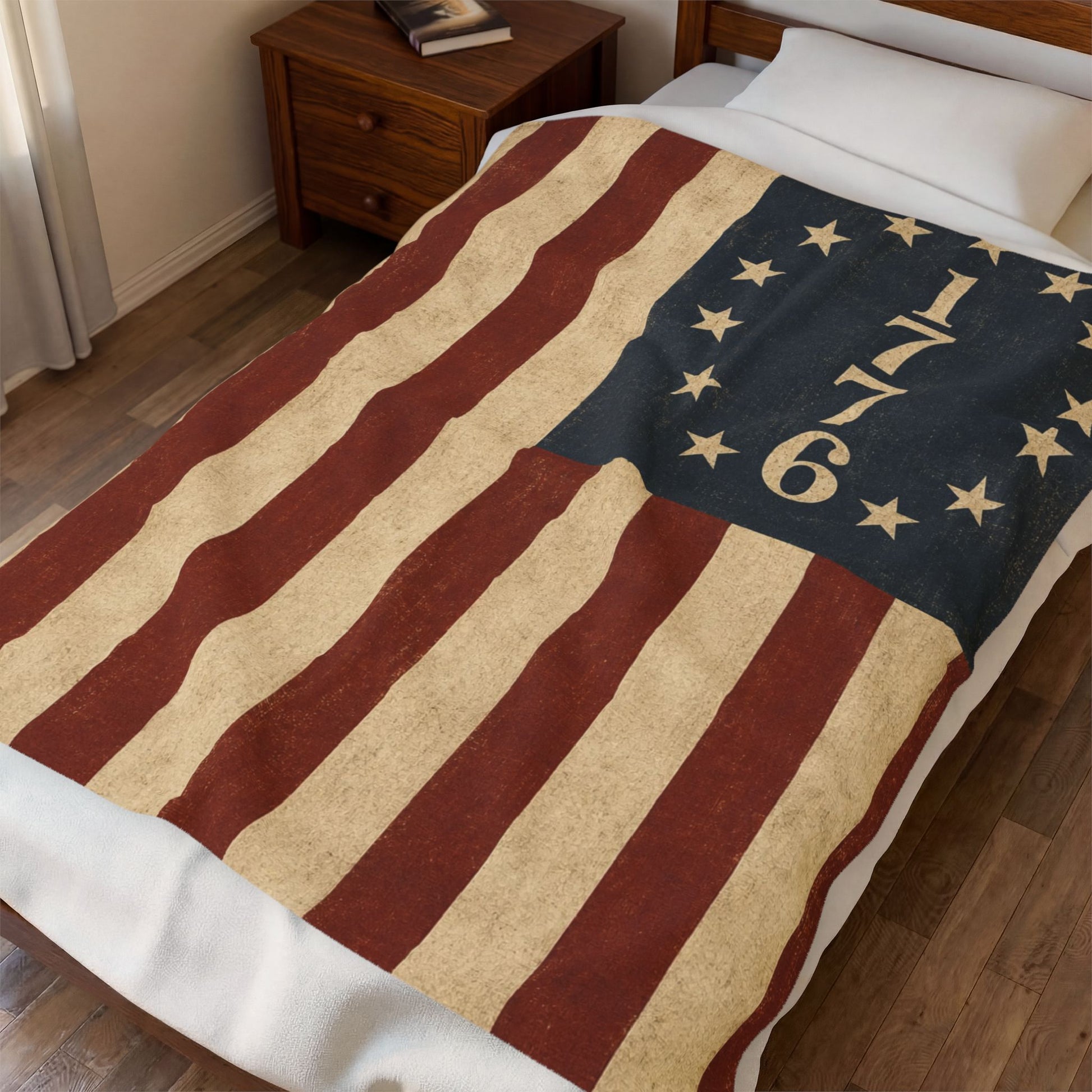 1776 American Flag Velveteen Plush Blanket Vintage Betsy Ross Patriotic Throw - close-up