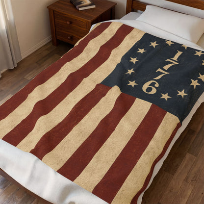 1776 American Flag Velveteen Plush Blanket Vintage Betsy Ross Patriotic Throw - close-up