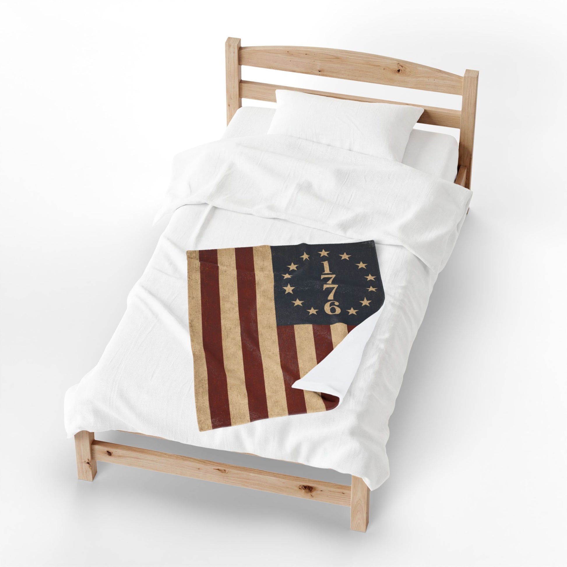 1776 American Flag Velveteen Plush Blanket Vintage Betsy Ross Patriotic Throw - worn view