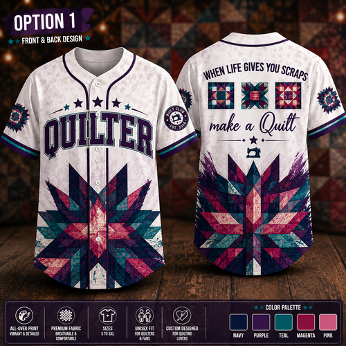 Quilter baseball jersey Style 2 with navy purple teal magenta quilt block design