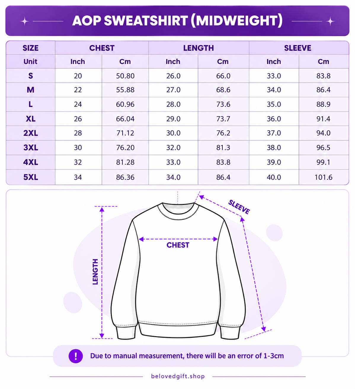 AOP Sweatshirt Size Guide