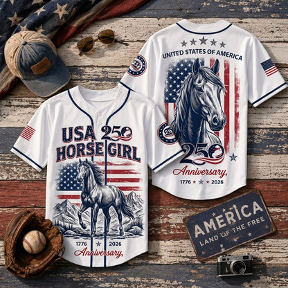 USA 250th Anniversary Horse Girl Baseball Jersey | Just A Girl Who Loves Horses Patriotic Jersey | American Flag Horse Lover Gift 2026
