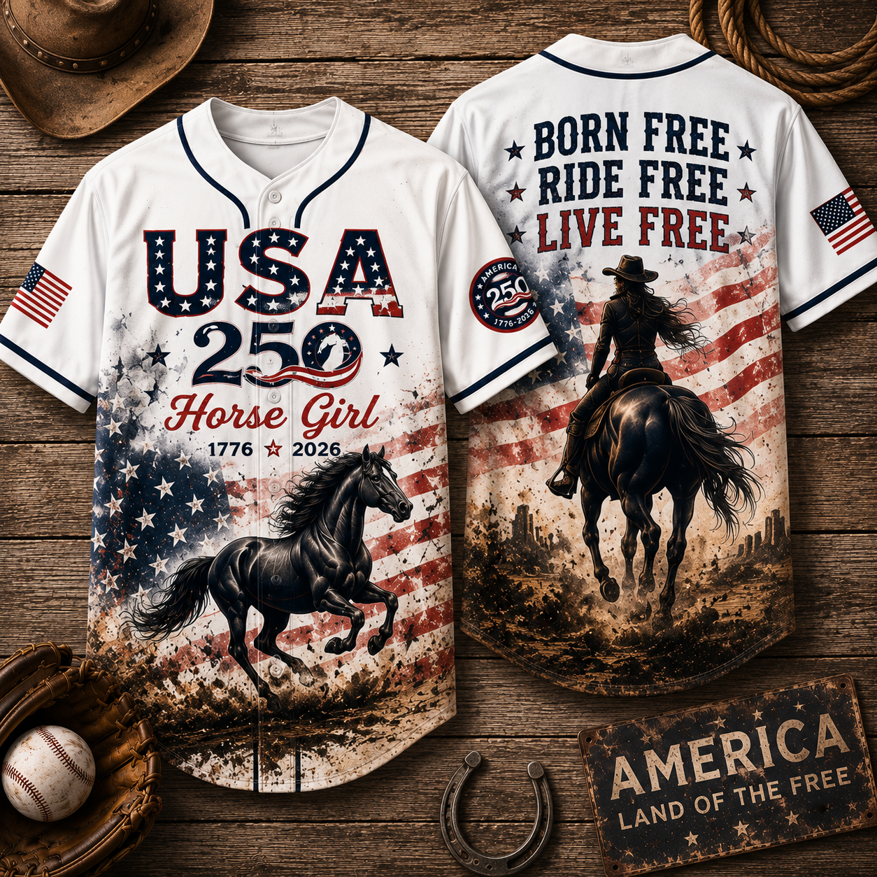 USA 250th Anniversary Horse Girl Baseball Jersey | Just A Girl Who Loves Horses Patriotic Jersey | American Flag Horse Lover Gift 2026