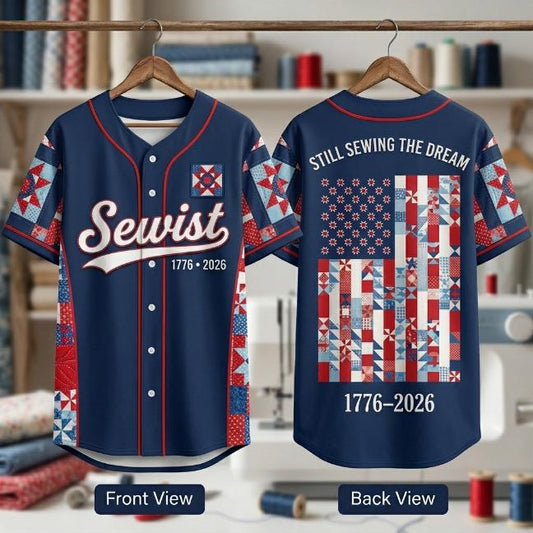 Sewist quilting 1776-2026 navy baseball jersey with red white blue quilt patchwork and Still Sewing The Dream back design
